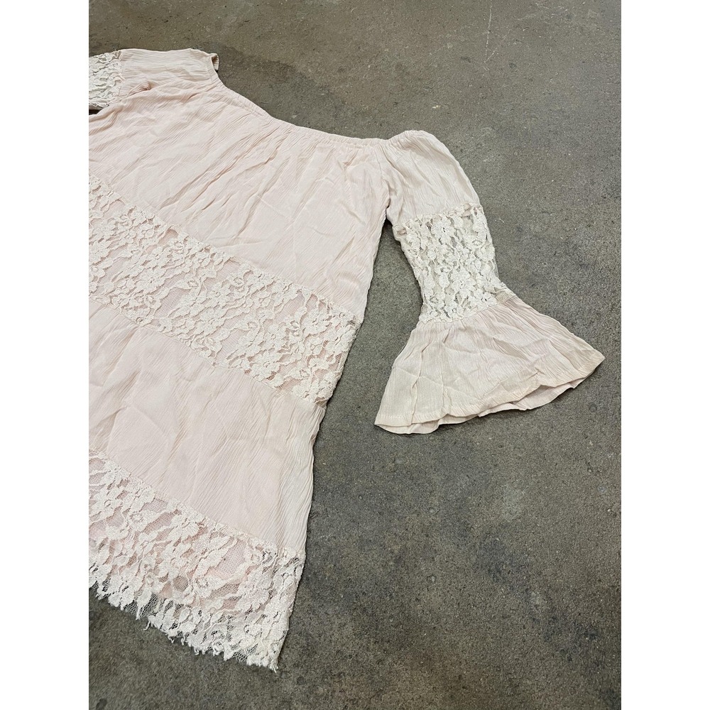 Free People Lace Dress Womens XS‎ Pink Off Shoulder Boho Short Mini Bell Sleeve - Picture 12 of 16